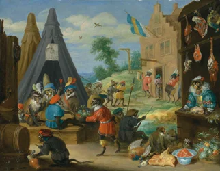 A Festival of Monkeys (Monkeys Dressed as Soldiers in an Encampment Near a Town)