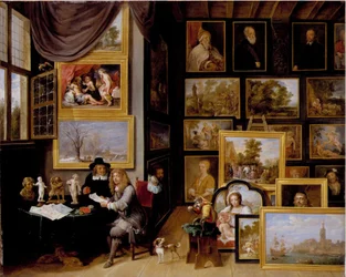 A Picture Gallery with Two Men Examining a Seal and a Red Chalk Drawing, and a Monkey Present