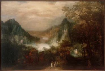 Mountain River Landscape with Elegant Figures