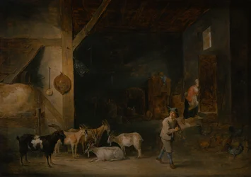 Barn with Goats and a Boy Playing the Recorder