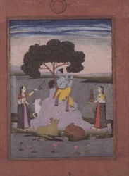 Krishna playing to two gopis, Hyderabad, c.1770