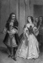 Play The Misanthrope by Moliere: Alceste, Celimene, Eliante, Philinte engraving by Delannoy after a drawing by G. Staal (1870)