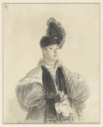 Portrait of a Standing Lady with a Black Shawl and Black Hat