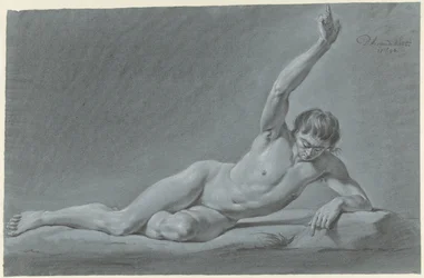 Reclining male nude with raised arm.