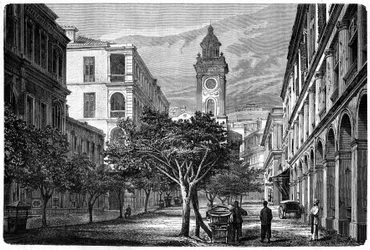 View of the Historic Hong Kong Clock Tower. Engraving after a drawing by Deroy, in Le Tour du Monde, Nouveau journal des Voyages