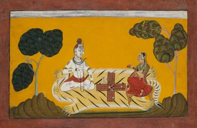 Shiva and Parvati Playing Chaupar: Folio from a Rasamanjari Series