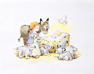 Donkey and Lambs Around a Manger