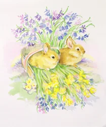 Rabbits in a Basket with Daffodils and Bluebells
