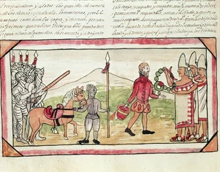 Meeting of Hernando Cortes and Montezuma, miniature from the 