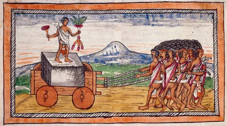 The Aztecs transporting stones to build their cities, stretch watercolor from the History of the Indies by Diego Duran, manuscript, folio 188 recto