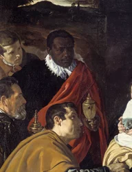 Adoration of the Magi. Detail of the heads of the wise kings. Painting by Diego Velasquez