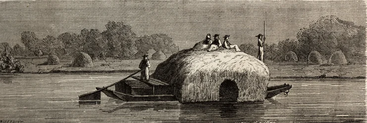 Cutting, harvesting and transporting fodder on the banks of the Danube. Drawing by Lancelot, to illustrate his journey from Paris to Bucharest in 1860. Engraving in 