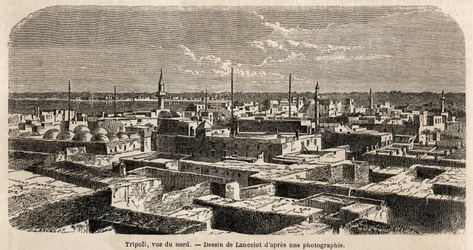 General view of Tripoli, drawing by Lancelot, to illustrate the Tripolitan walks, in 1860, of the Baron de Krafft. Engraving in 