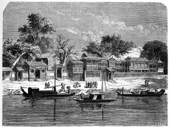 Palace conceived to the French missionaries in Tien Tsin (Tianjin), China. Engraving by Lancelot, in Le Tour du Monde, Nouveau journal des Voyages, edited by Edouard Charton, Paris