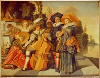 Elegant Figures Making Music on a Terrace by a Lake