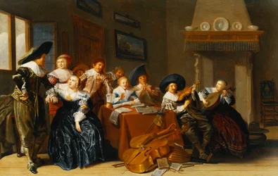 Elegant Figures with Instruments Seated at a Table and a Young Lady Singing in an Interior