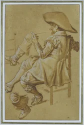 Seated Pipe Smoker and Two Lower Legs