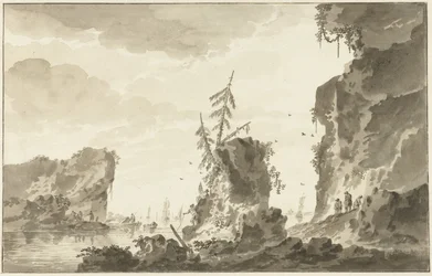 Rocky Coast with Ships and Fishermen
