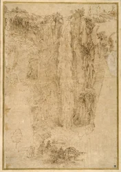 Landscape with a cascade; at the foot, two men, one mounted