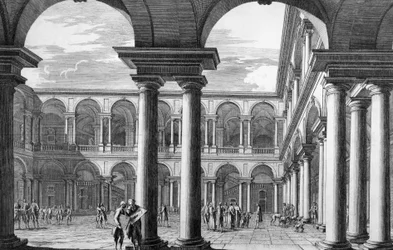 Courtyard of Brera Palace in Milan, Academy of Fine Arts and Art Gallery, designed by Francesco Maria Richini, engraving by Domenico Aspari