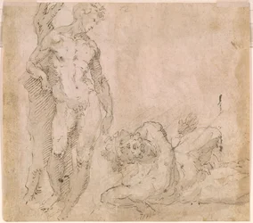 Verso Male Nude Leaning Against a Tree Trunk and a Reclining Male Nude with Head Thrown Back, ca. 1530-1540