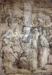 History of Moses on Mount Sinai: Hebrews await the return of Moses. Preparatory drawing for the pavement of Siena Cathedral. Artist