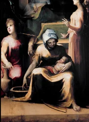 The Birth of the Virgin. Detail showing a maid with the newborn. Artist