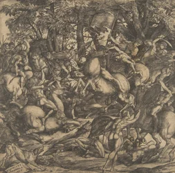 Group of Naked Men Engaged in Battle in a Wooded Landscape, Some on Horseback, a Dog at Their Feet, 1517