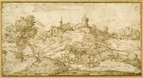 Mountainous landscape with a walled hill town: a shepherd accosted as he tends his flock in the foreground