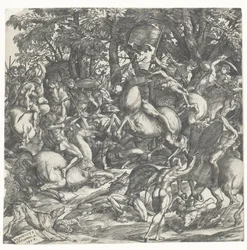 Naked Men with Spears on Horses in Battle