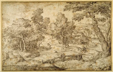 Wooded landscape with a farmstead and a wooden bridge over a sluice