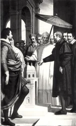 Michelangelo (1475-1564) presenting a model of the dome of St. Peters to Pope Paul IV (1476-1559)