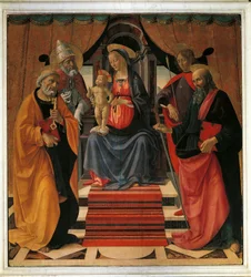 Holy Conversation. The Virgin Mary and Jesus Christ Surrounded by St. Peter, St. Paul, St. Sebastian and Pope St. Clement
