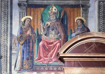 St Zenobius, bishop and protector of Florence, between Saints Eugene and Crescenzio and Marzocco, the lion, symbol of city by Domenico Ghirlandaio, detail