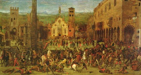 Expulsion of the Bonacolsi by Louis Gonzaga in 1328, in Piazza Sordello, Mantua