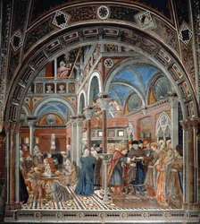 View of the orphanage of Santa Maria della Scala in Siena. On the left, the nurses take care of abandoned children, on the right, a pregnant woman is forced to marry. Fresco by Domenico di Bartolo (active between 1428 and 1447) Spedale di Santa Maria del