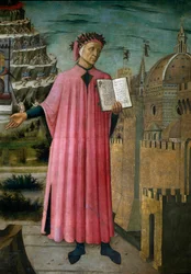 The Italian poet Dante Alighieri (1265-1321) presents his work The Divine Comedy (La divina commedia). Detail. Fresco by Domenico di Michelino (1417-1491), Cathedral of Santa Maria del Fiore, Florence. (Duomo, Florence), Italy
