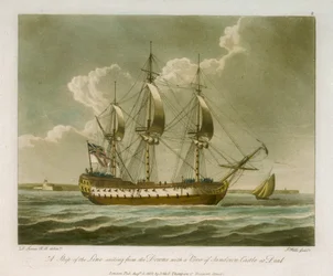 A Ship of the Line Sailing from the Downs with a View of Sandown Castle at Deal