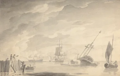 Battle Scene, Three Battleships, One Sinking; Figures on Left in Rowboat and Standing Pier