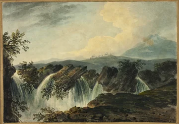 Camel Caravan Crossing Plain Above Waterfall