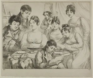 Conversation, a Family Drawing and Reading, the Nurse Holding an Infant, a Portrait of Prince Edmond de Beauvau Behind a Chair, and Portraits of Madame Lavallée and Madame Vallory, Both Seated