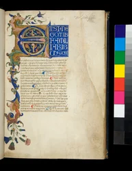 Illuminated initial [E] and partial border with acanthus leaf and flower decoration, the first line of text in white display capitals on blue ground