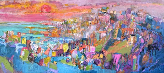 Vibrant Coastal Town Sunset