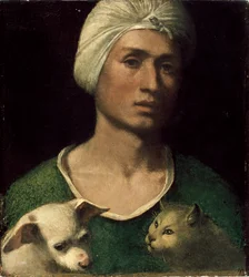 Portrait of a Young Man Holding a Dog and a Cat