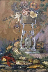 Flowers in a Vase on a Stand with Asparagus, Lobsters, Oysters and Fish