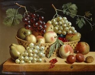 A Basket of Grapes, Apples, Peaches and other Fruit on a Ledge