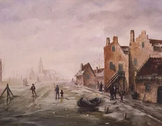 A Winter Landscape with Figures skating in the Foreground