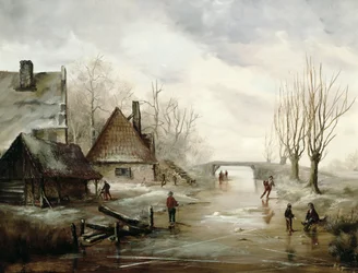 A Winter Landscape with Figures skating in the Foreground