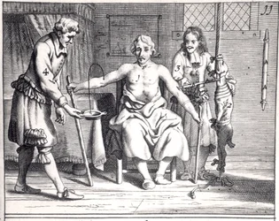 Blood transfusion from a dog, from Armamentarii Chirurgici by Johannes Schultes published in Amsterdam, 1671