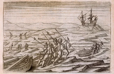 Collecting driftwood for the cabin in which the expedition wintered, illustration from Diarium Nauticum, seu vera descriptio trium navigationum admirandarum... by Gerrit de Veer